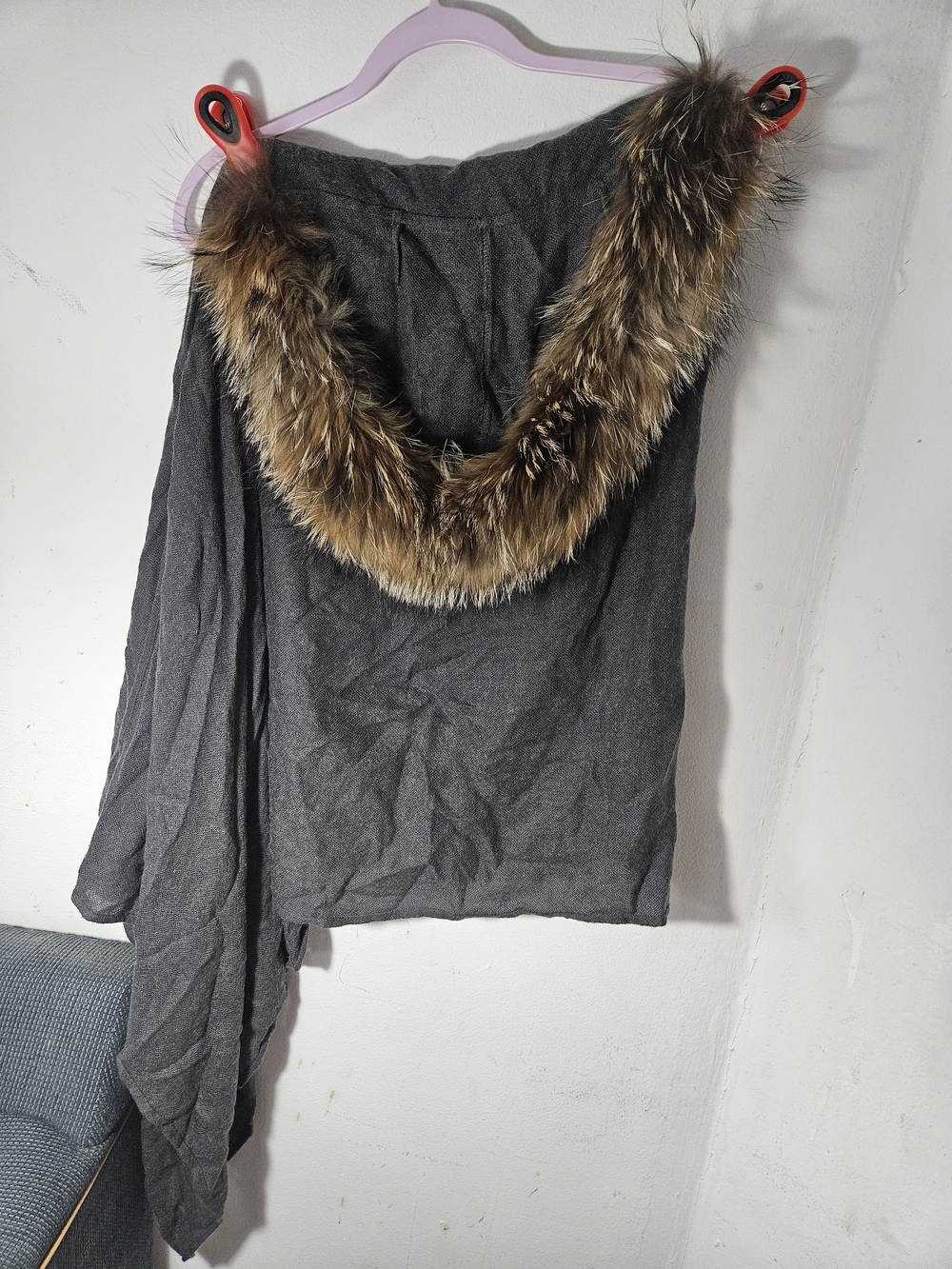 Gray Hooded Wrap with Fur Trim